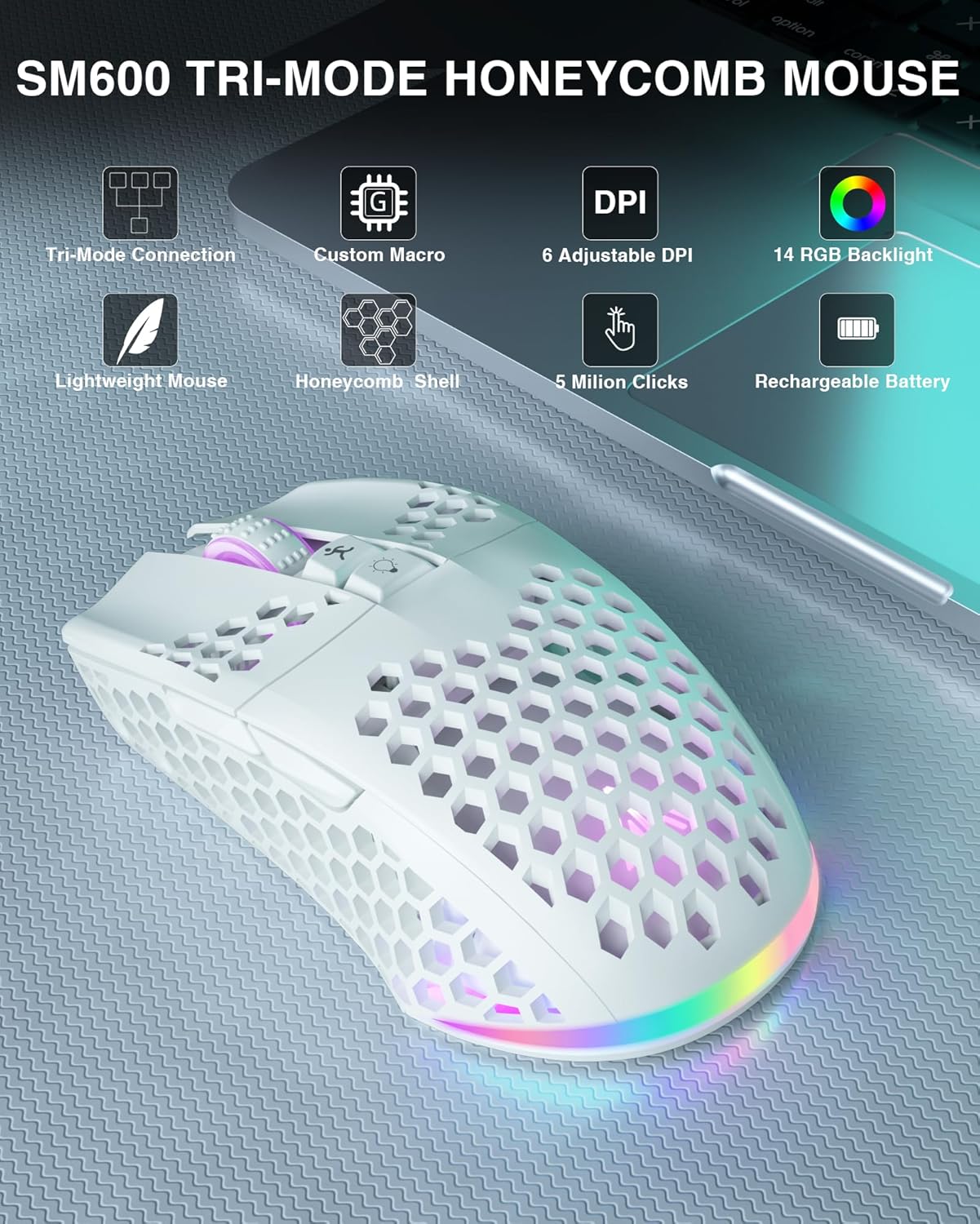SM600 White Wireless Gaming Mouse,8000 DPI